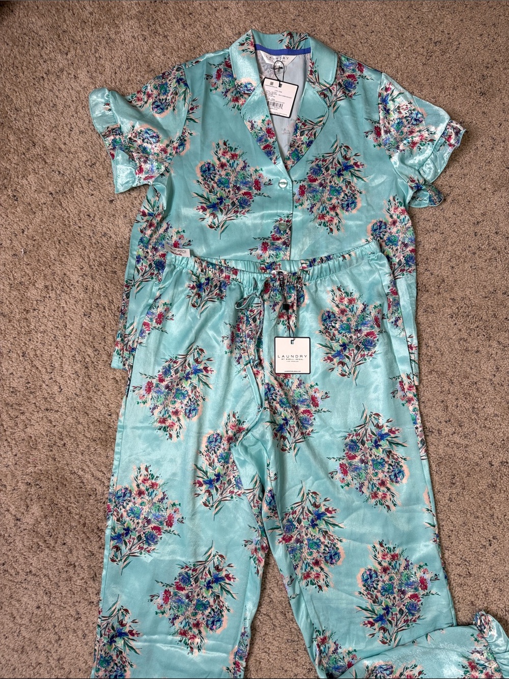 NWT Laundry By Shelli Segal Aqua Floral Satin Pajama Set Small